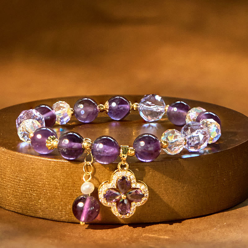 Buddha Stones Natural Amethyst Crystal Four Leaf Clover Spiritual Healing Bracelet - image 5