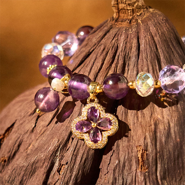 Buddha Stones Natural Amethyst Crystal Four Leaf Clover Spiritual Healing Bracelet - image 7