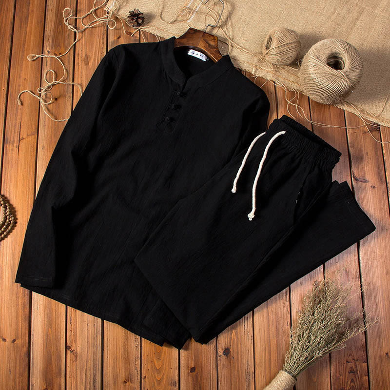 Buddha Stones Pure Color Cotton Linen Long Sleeve Top Pants Clothing Men's Set - Black - US/UK/AU44，EU54 (5XL) - image 9