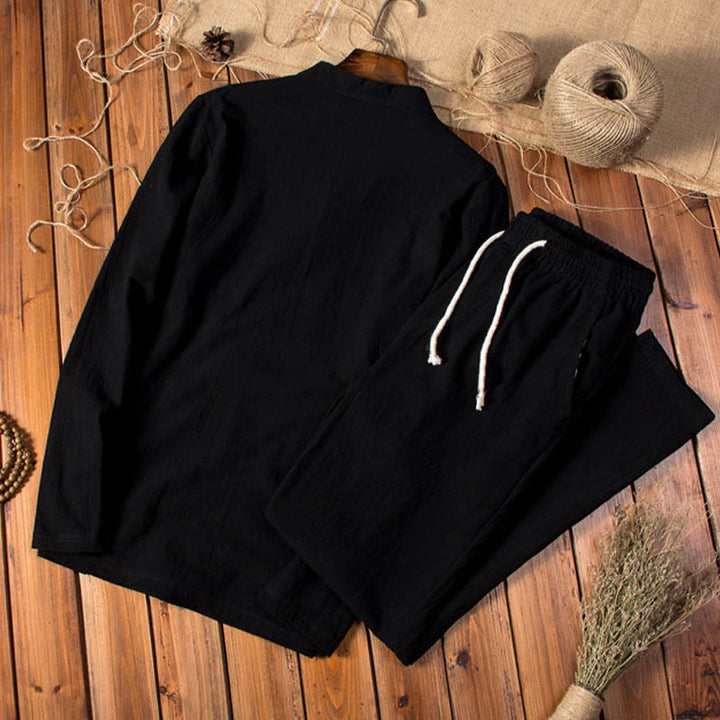Buddha Stones Pure Color Cotton Linen Long Sleeve Top Pants Clothing Men's Set - image 10