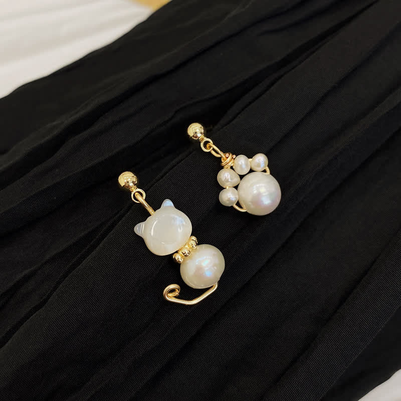 Buddha Stones Cute Cat Paw Pearl Wisdom Stud Drop Earrings - Pearl(925 Sterling Silver Posts) - image 0