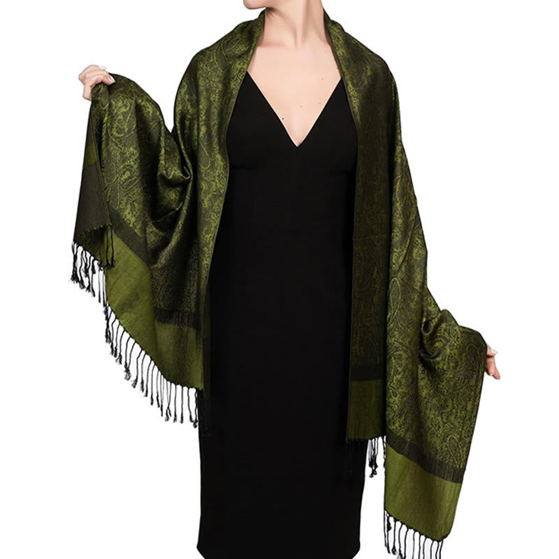 Buddha Stones Tibetan Cashew Jacquard Tassels Shawl Spring Fall Winter Warm Cozy Scarf Wrap - OliveDrab 180*70cm - image 23