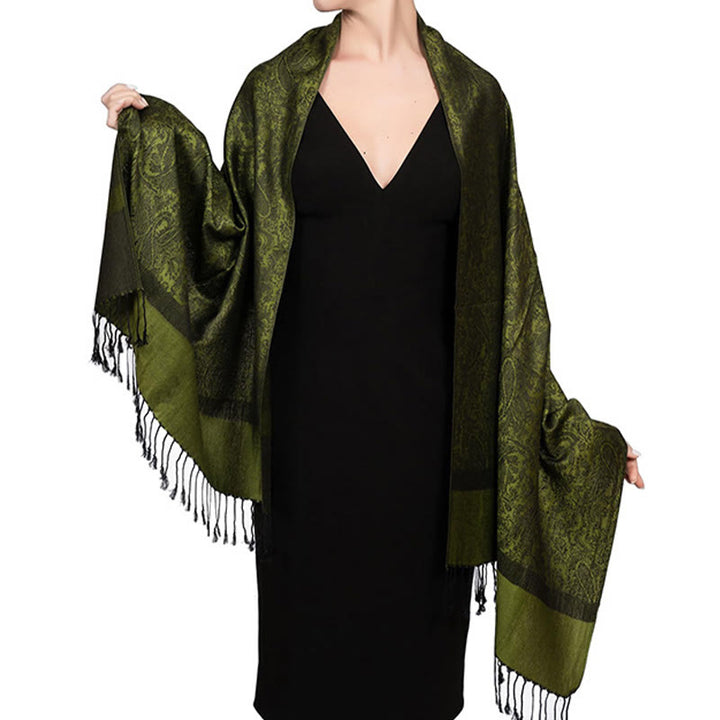 Buddha Stones Tibetan Cashew Jacquard Tassels Shawl Spring Fall Winter Warm Cozy Scarf Wrap - OliveDrab 180*70cm - image 23