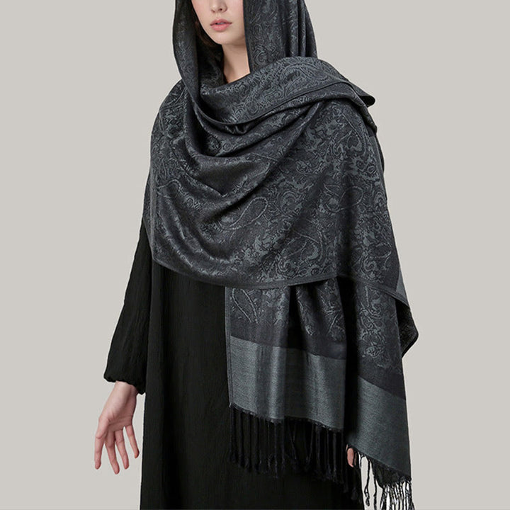 Buddha Stones Tibetan Cashew Jacquard Tassels Shawl Spring Fall Winter Warm Cozy Scarf Wrap - SlateGray 180*70cm - image 26