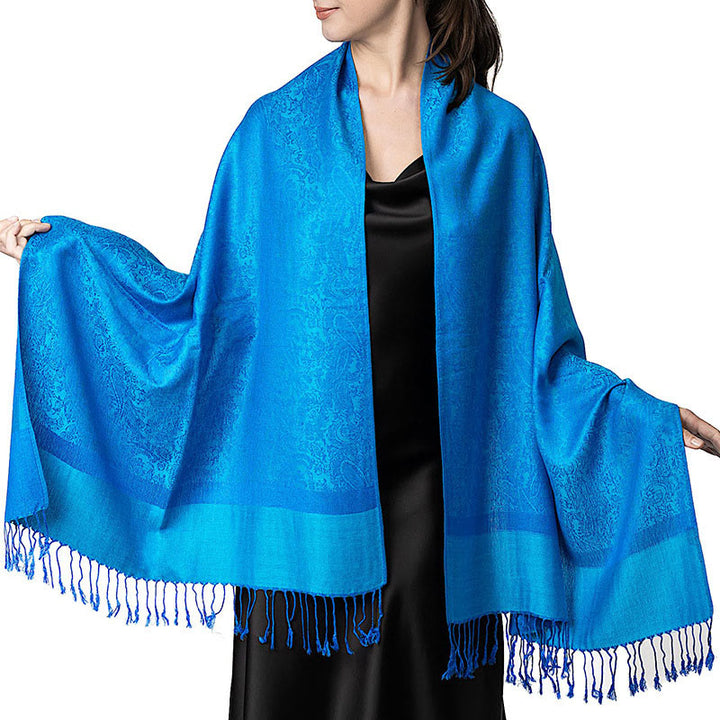 Buddha Stones Tibetan Cashew Jacquard Tassels Shawl Spring Fall Winter Warm Cozy Scarf Wrap - DeepSkyBlue 180*70cm - image 47