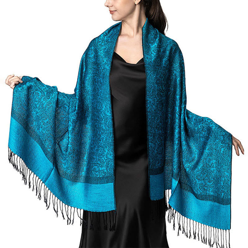 Buddha Stones Tibetan Cashew Jacquard Tassels Shawl Spring Fall Winter Warm Cozy Scarf Wrap - DodgerBlue 180*70cm - image 9