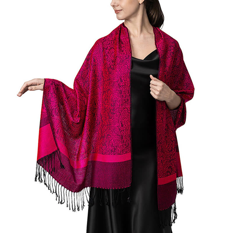 Buddha Stones Tibetan Cashew Jacquard Tassels Shawl Spring Fall Winter Warm Cozy Scarf Wrap - DeepPink 180*70cm - image 14