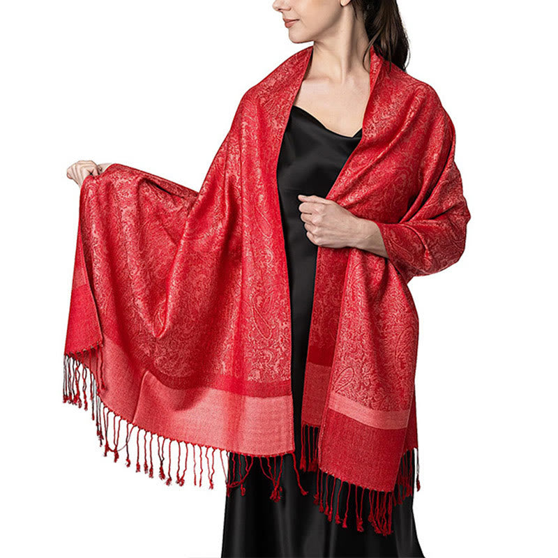 Buddha Stones Tibetan Cashew Jacquard Tassels Shawl Spring Fall Winter Warm Cozy Scarf Wrap - OrangeRed 180*70cm - image 16