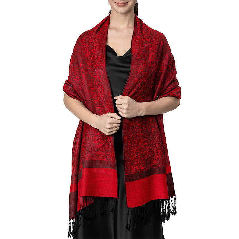 Buddha Stones Tibetan Cashew Jacquard Tassels Shawl Spring Fall Winter Warm Cozy Scarf Wrap - Red 180*70cm - image 24