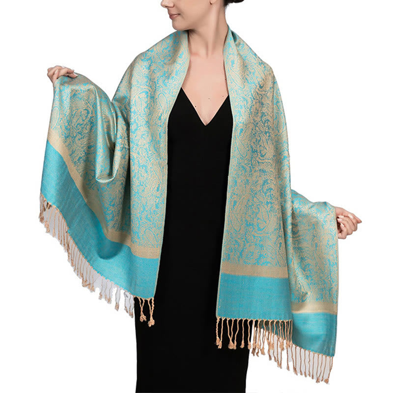 Buddha Stones Tibetan Cashew Jacquard Tassels Shawl Spring Fall Winter Warm Cozy Scarf Wrap - Turquoise 180*70cm - image 31