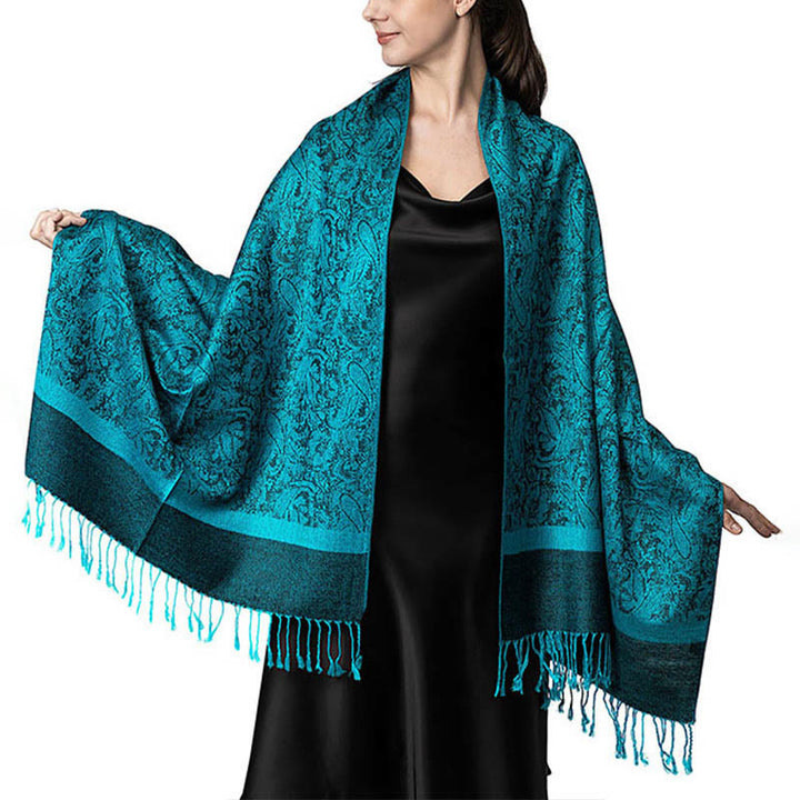 Buddha Stones Tibetan Cashew Jacquard Tassels Shawl Spring Fall Winter Warm Cozy Scarf Wrap - DarkCyan 180*70cm - image 37