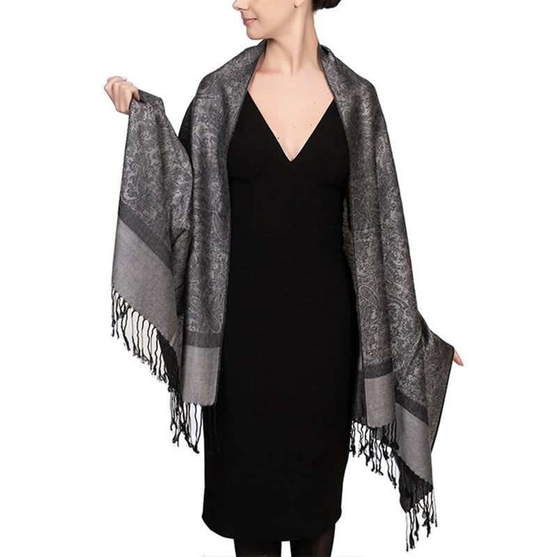Buddha Stones Tibetan Cashew Jacquard Tassels Shawl Spring Fall Winter Warm Cozy Scarf Wrap - Gray 180*70cm - image 39