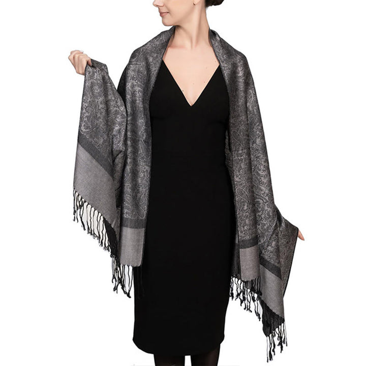 Buddha Stones Tibetan Cashew Jacquard Tassels Shawl Spring Fall Winter Warm Cozy Scarf Wrap - Gray 180*70cm - image 39