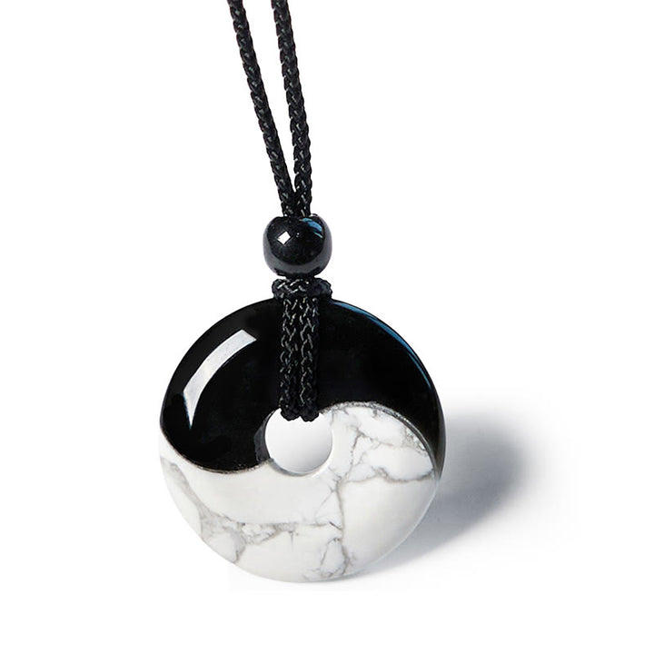 Buddha Stones Natural Black Obsidian White Turquoise Yin Yang Peace Buckle Design Braided String Strength Necklace Pendant - image 11
