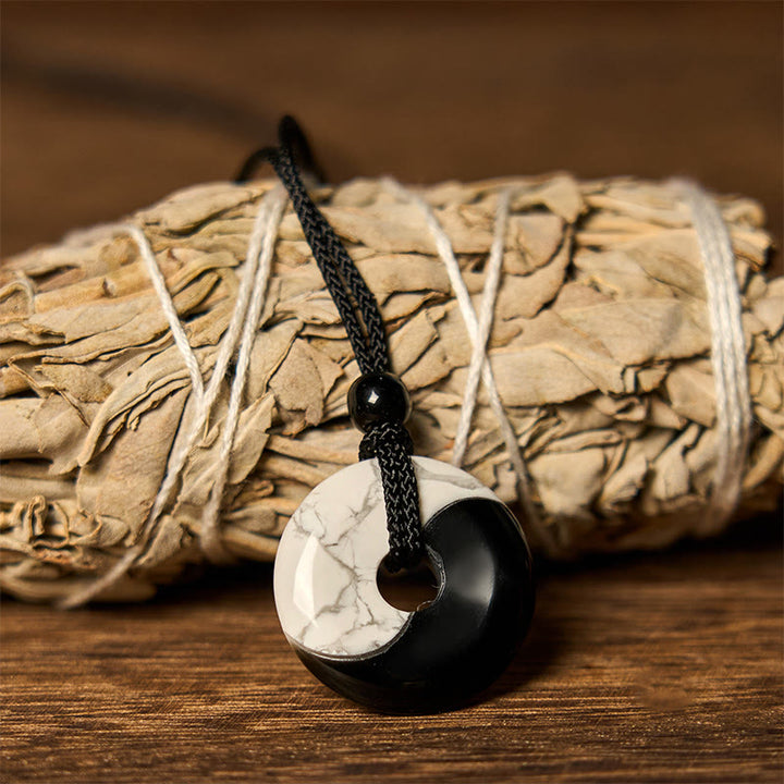 Buddha Stones Natural Black Obsidian White Turquoise Yin Yang Peace Buckle Design Braided String Strength Necklace Pendant - image 3