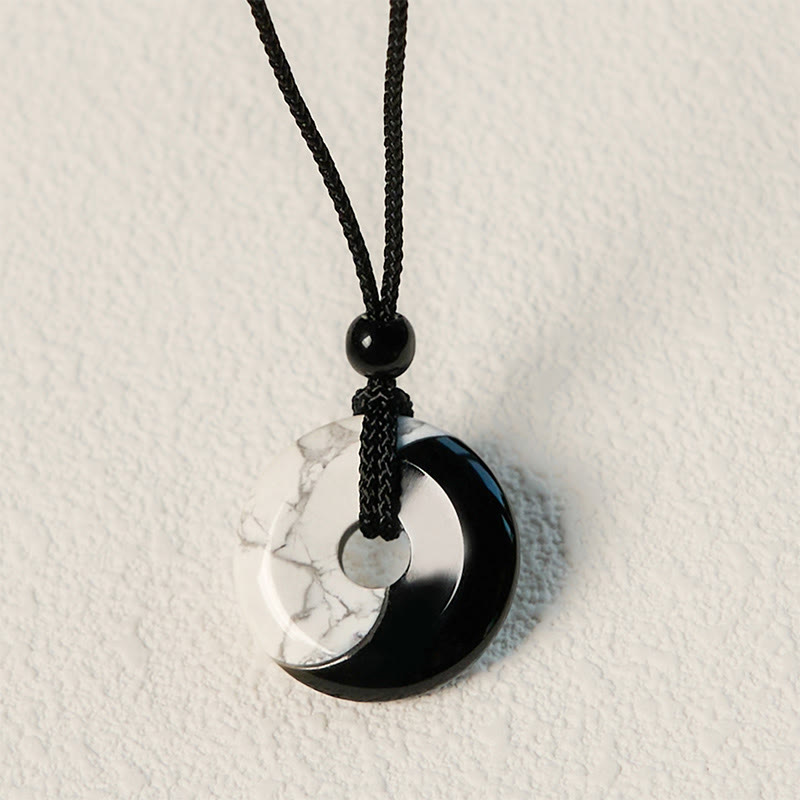 Buddha Stones Natural Black Obsidian White Turquoise Yin Yang Peace Buckle Design Braided String Strength Necklace Pendant - image 10
