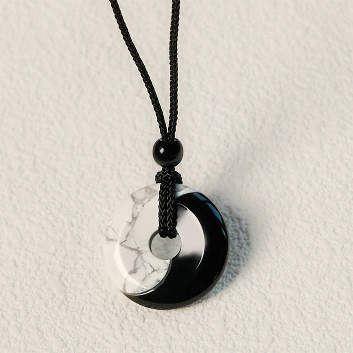 Buddha Stones Natural Black Obsidian White Turquoise Yin Yang Peace Buckle Design Braided String Strength Necklace Pendant - image 10