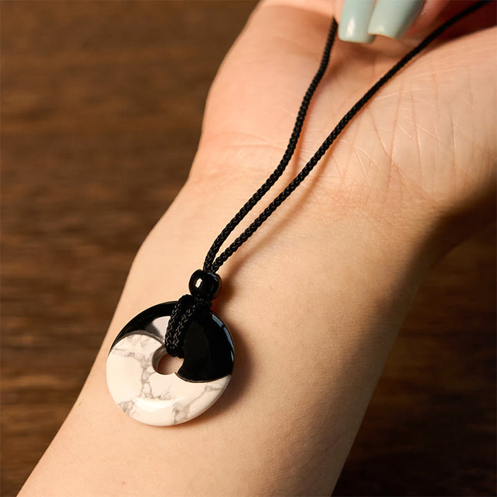 Buddha Stones Natural Black Obsidian White Turquoise Yin Yang Peace Buckle Design Braided String Strength Necklace Pendant - image 2