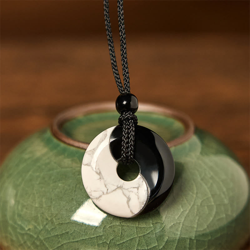 Buddha Stones Natural Black Obsidian White Turquoise Yin Yang Peace Buckle Design Braided String Strength Necklace Pendant - Black Obsidian White Turquoise YIN YANG - image 0