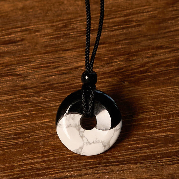 Buddha Stones Natural Black Obsidian White Turquoise Yin Yang Peace Buckle Design Braided String Strength Necklace Pendant - image 4