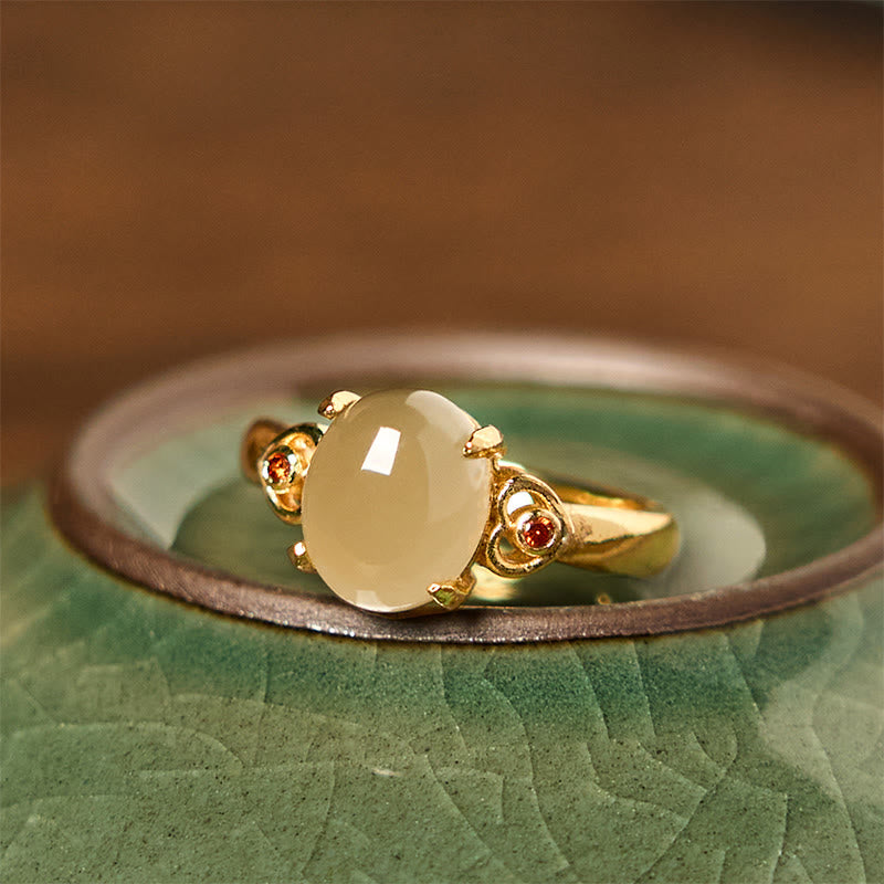 Buddha Stones Natural Hetian Jade Egg Heart-shaped Copper Luck Open Ring - Hetian Jade - image 0