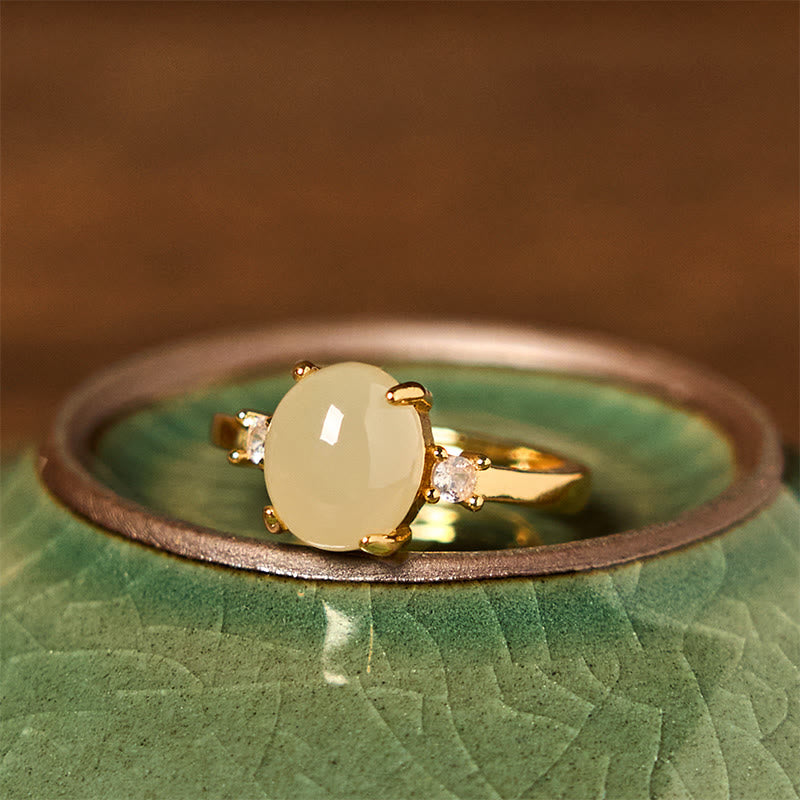 Buddha Stones Natural Hetian Jade Zirconia Egg Copper Prosperity Ring - image 1
