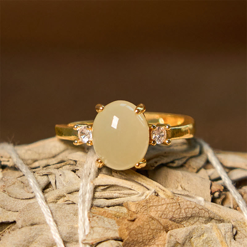 Buddha Stones Natural Hetian Jade Zirconia Egg Copper Prosperity Ring - Hetian Jade - image 0