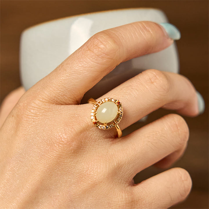 Buddha Stones Natural Hetian Jade Zirconia Egg Copper Open Luck Ring - image 3