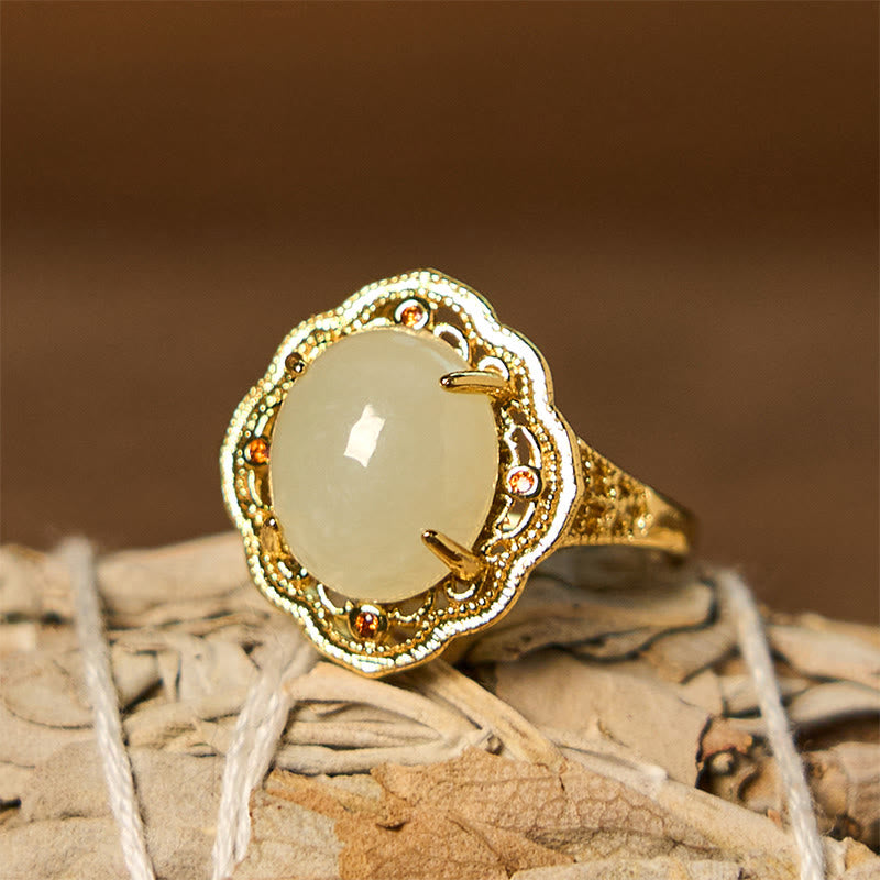 Buddha Stones Natural Hetian Jade Vintage Egg Copper Open Luck Ring - Hetian Jade - image 0