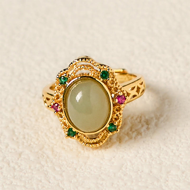 Buddha Stones Natural Hetian Jade Egg Hollow Pattern Copper Open Luck Ring - image 3