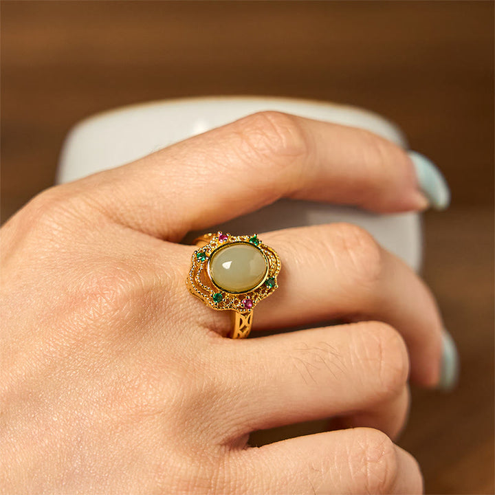 Buddha Stones Natural Hetian Jade Egg Hollow Pattern Copper Open Luck Ring - image 4