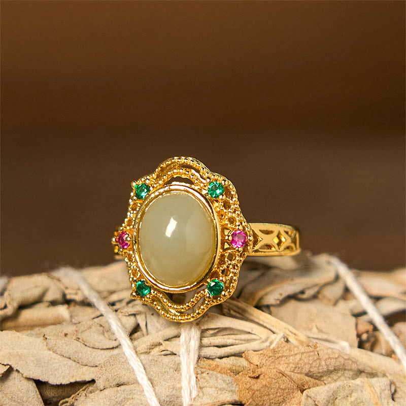 Buddha Stones Natural Hetian Jade Egg Hollow Pattern Copper Open Luck Ring - Hetian Jade - image 0