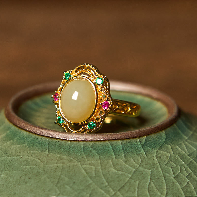 Buddha Stones Natural Hetian Jade Egg Hollow Pattern Copper Open Luck Ring - image 2