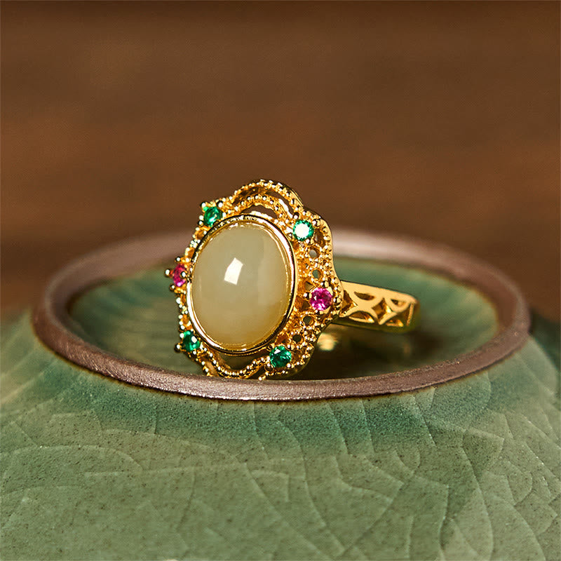Buddha Stones Natural Hetian Jade Egg Hollow Pattern Copper Open Luck Ring - image 1