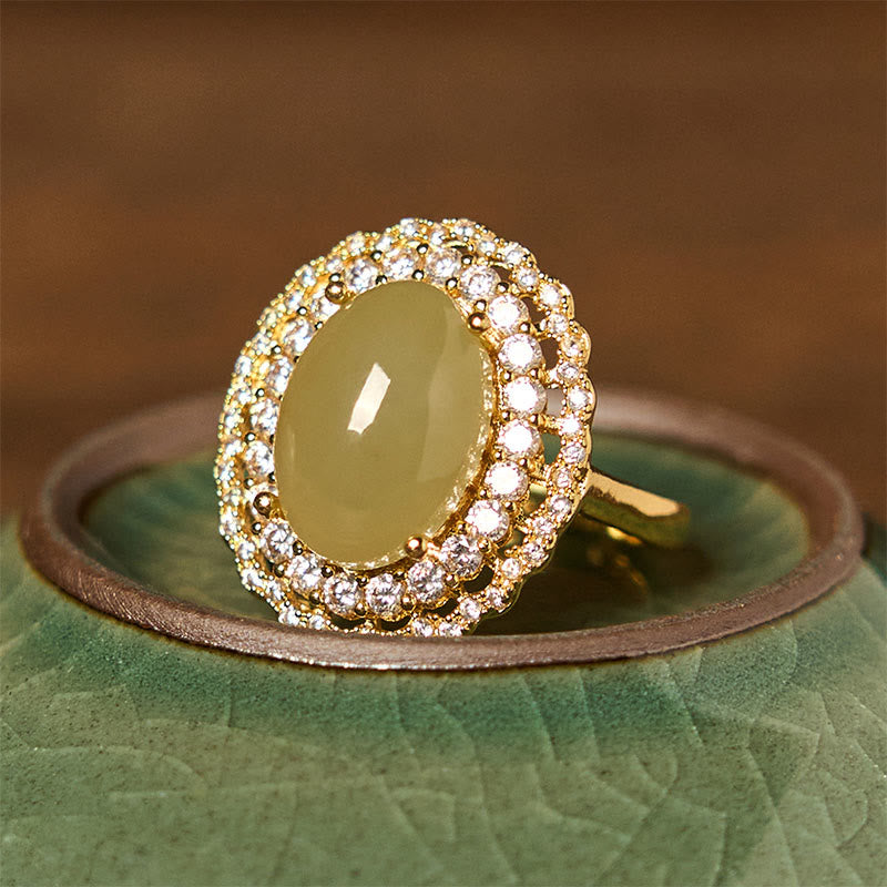 Buddha Stones Natural Hetian Jade Egg Hollow Double Circle Zirconia Copper Open Abundance Ring - image 1