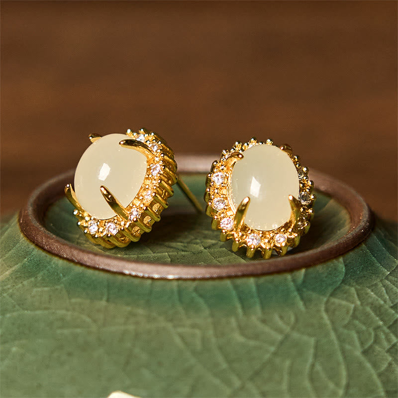 Buddha Stones Natural Hetian Jade Egg Copper Prosperity Earrings - image 1