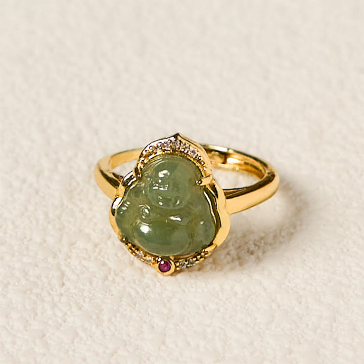 Buddha Stones Natural Hetian Jade Egg Gourd Copper Laughing Buddha Open Luck Ring - image 2