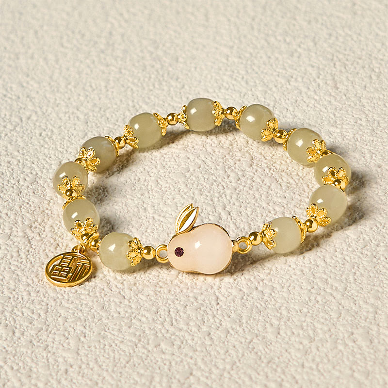 Buddha Stones Natural Hetian Jade Fu Character Fu Brand Rabbit Abundance Bracelet - image 3