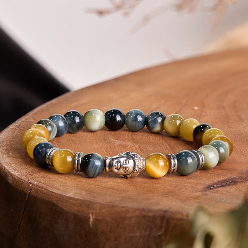 Buddha Stones Blue Green Red Tiger Eye Buddha Head Balance Bracelet - Beige Tiger Eye(Wrist Circumference: 15-17cm) - image 21