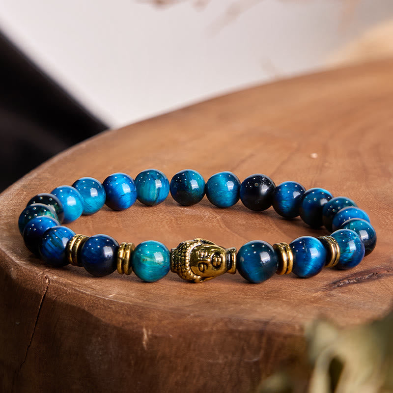 Buddha Stones Blue Green Red Tiger Eye Buddha Head Balance Bracelet - Lake Bule Tiger Eye Gold(Wrist Circumference: 15-17cm) - image 0