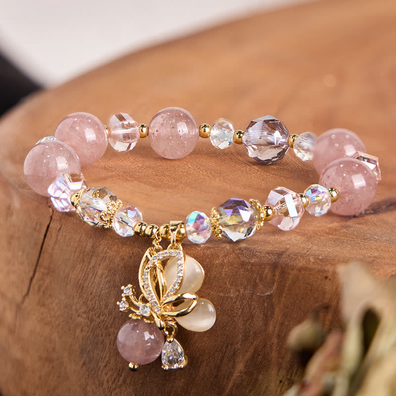 Buddha Stones Natural Strawberry Quartz Butterfly Healing Bracelet - Strawberry Quartz(Wrist Circumference 15-16cm) - image 0