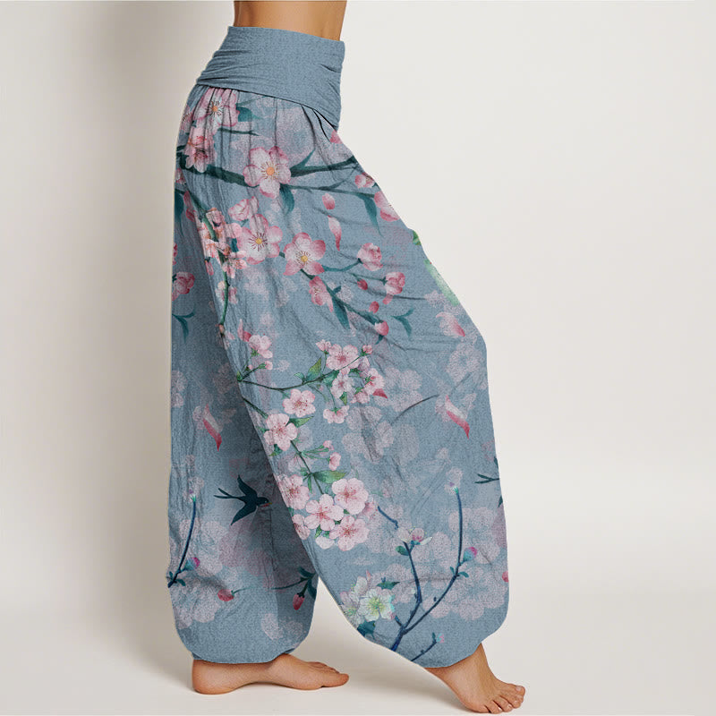 Buddha Stones Peach Blossoms Flying Geese Pattern Women's Elastic Waist Harem Pants - image 8
