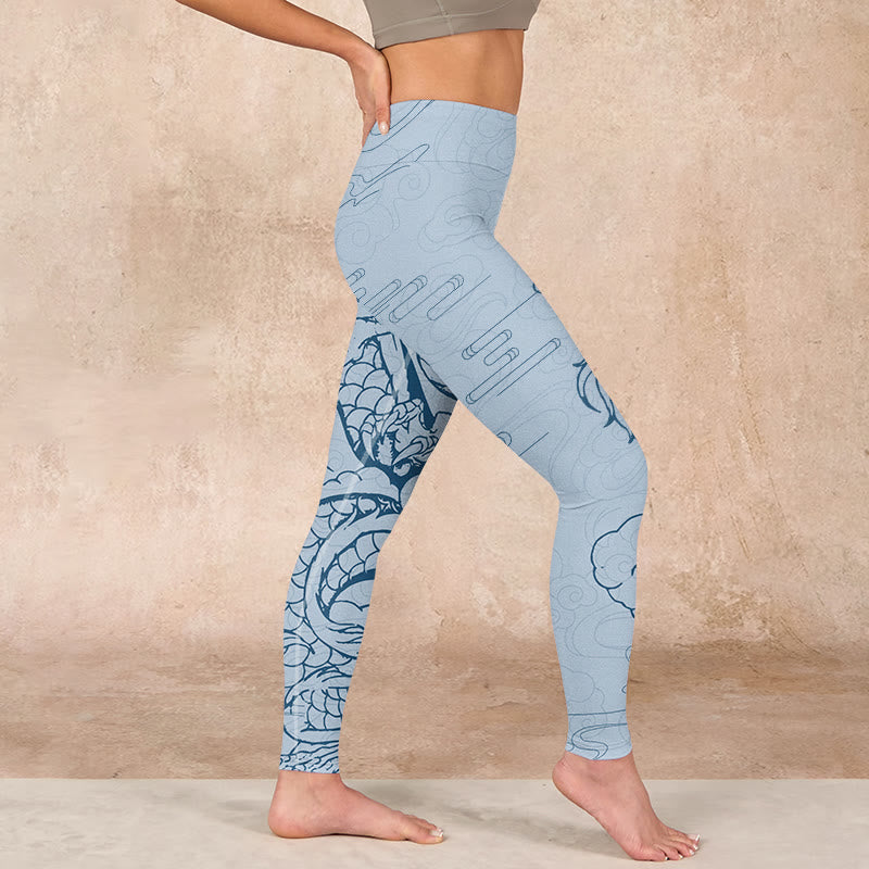 Buddha Stones Blue Soaring Dragon Swirling Clouds Print Gym Leggings Women's Yoga Pants - image 16