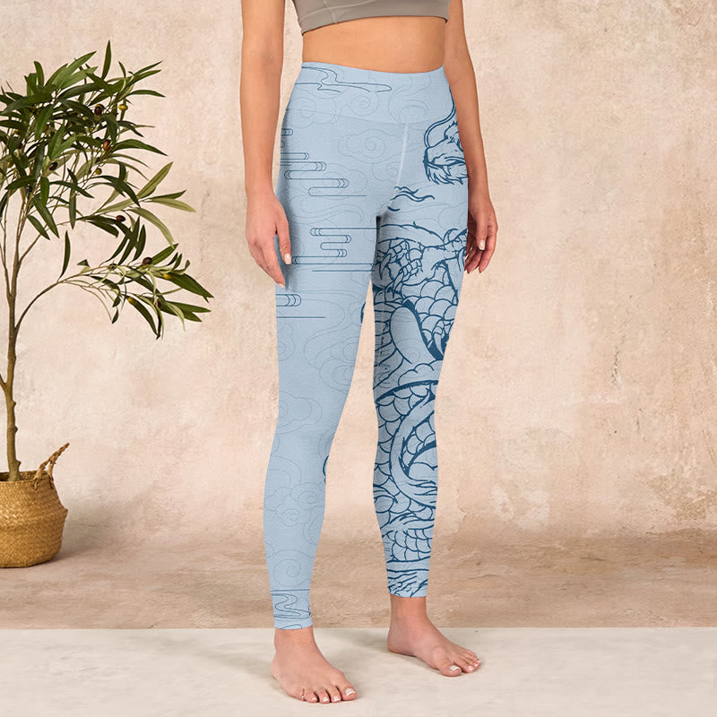 Buddha Stones Blue Soaring Dragon Swirling Clouds Print Gym Leggings Women's Yoga Pants - image 3