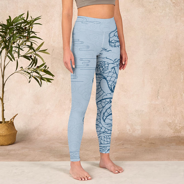 Buddha Stones Blue Soaring Dragon Swirling Clouds Print Gym Leggings Women's Yoga Pants - image 3