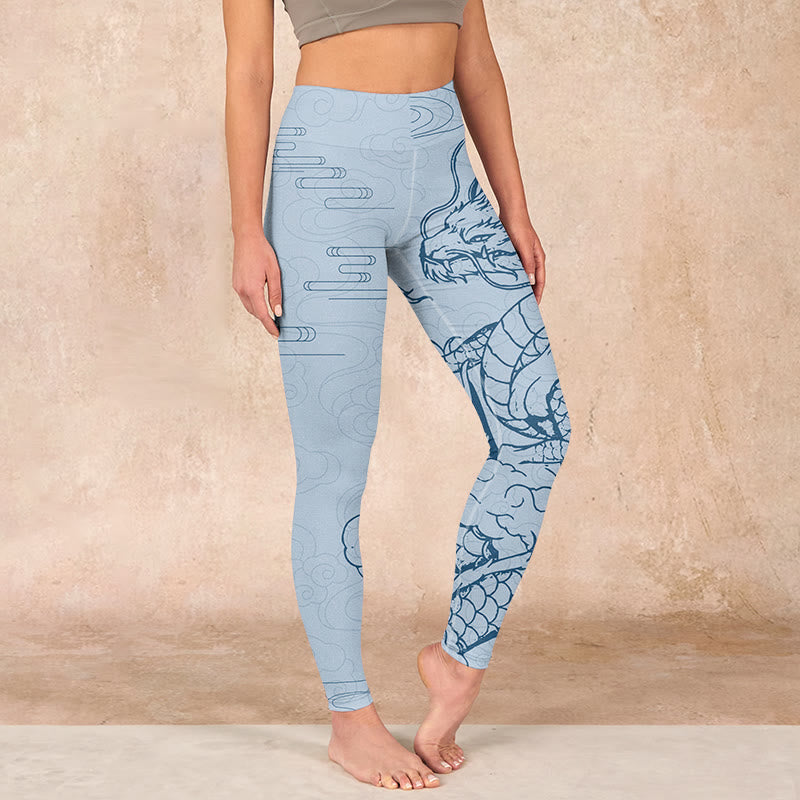 Buddha Stones Blue Soaring Dragon Swirling Clouds Print Gym Leggings Women's Yoga Pants - LightSkyBlue - US18，UK/AU22，EU50 (4XL) - image 0