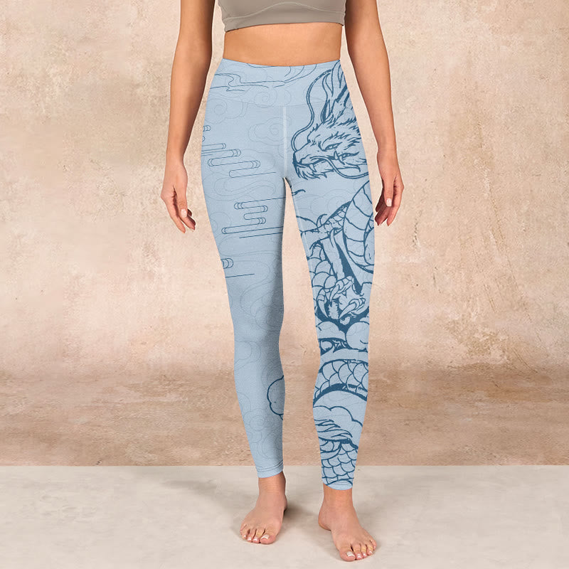 Buddha Stones Blue Soaring Dragon Swirling Clouds Print Gym Leggings Women's Yoga Pants - image 1