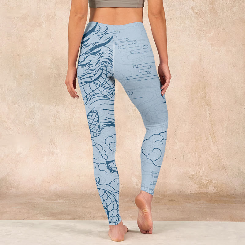 Buddha Stones Blue Soaring Dragon Swirling Clouds Print Gym Leggings Women's Yoga Pants - image 14