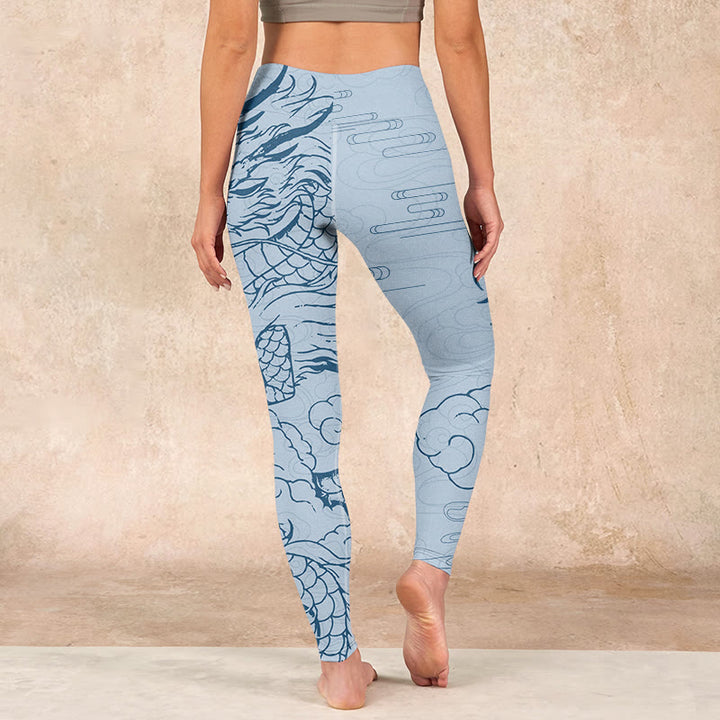 Buddha Stones Blue Soaring Dragon Swirling Clouds Print Gym Leggings Women's Yoga Pants - image 14