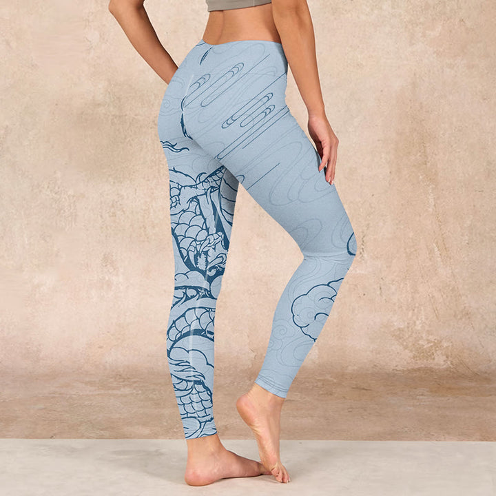 Buddha Stones Blue Soaring Dragon Swirling Clouds Print Gym Leggings Women's Yoga Pants - image 2